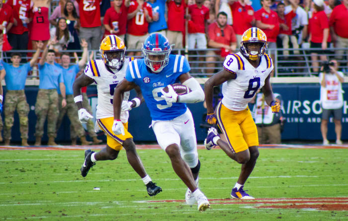 Ole Miss Rebels WR Tre Harris catches a pass against No. 13 LSU Tigers